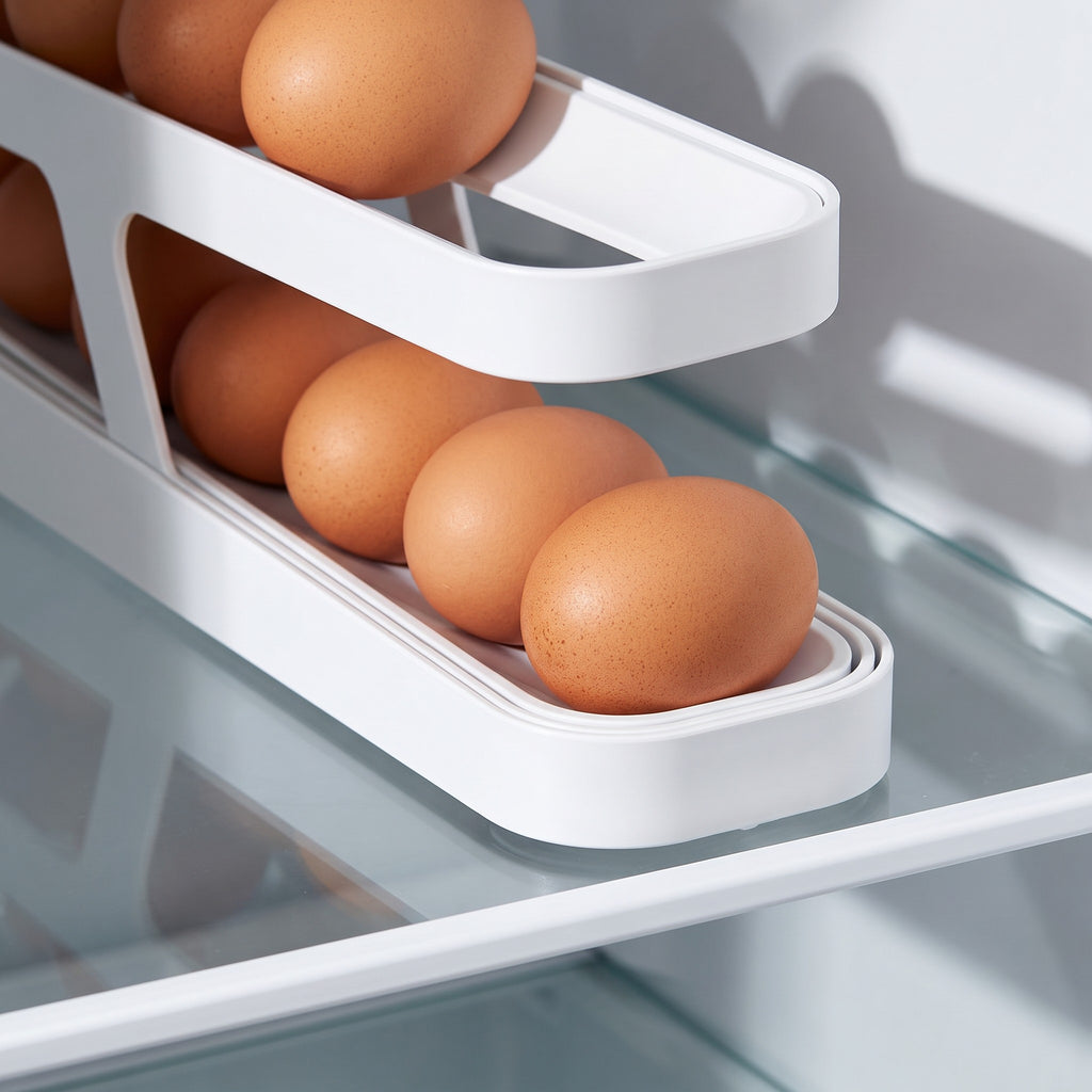Rolling Egg Holder and Dispenser for Fridge with Non-Slip Base - close-up of the sloped rails with eggs rolled to the front