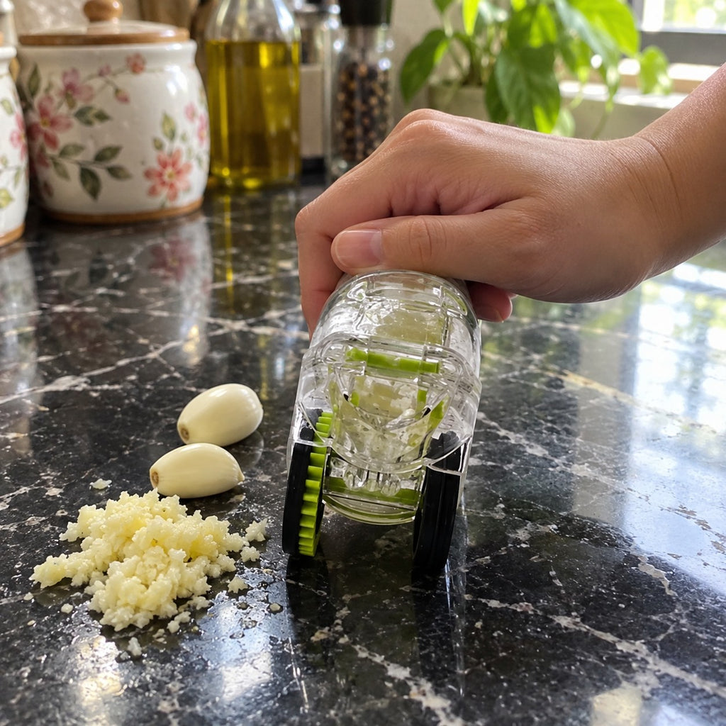 Compact Rolling Garlic Press for Ginger and Shallots in a home kitchen