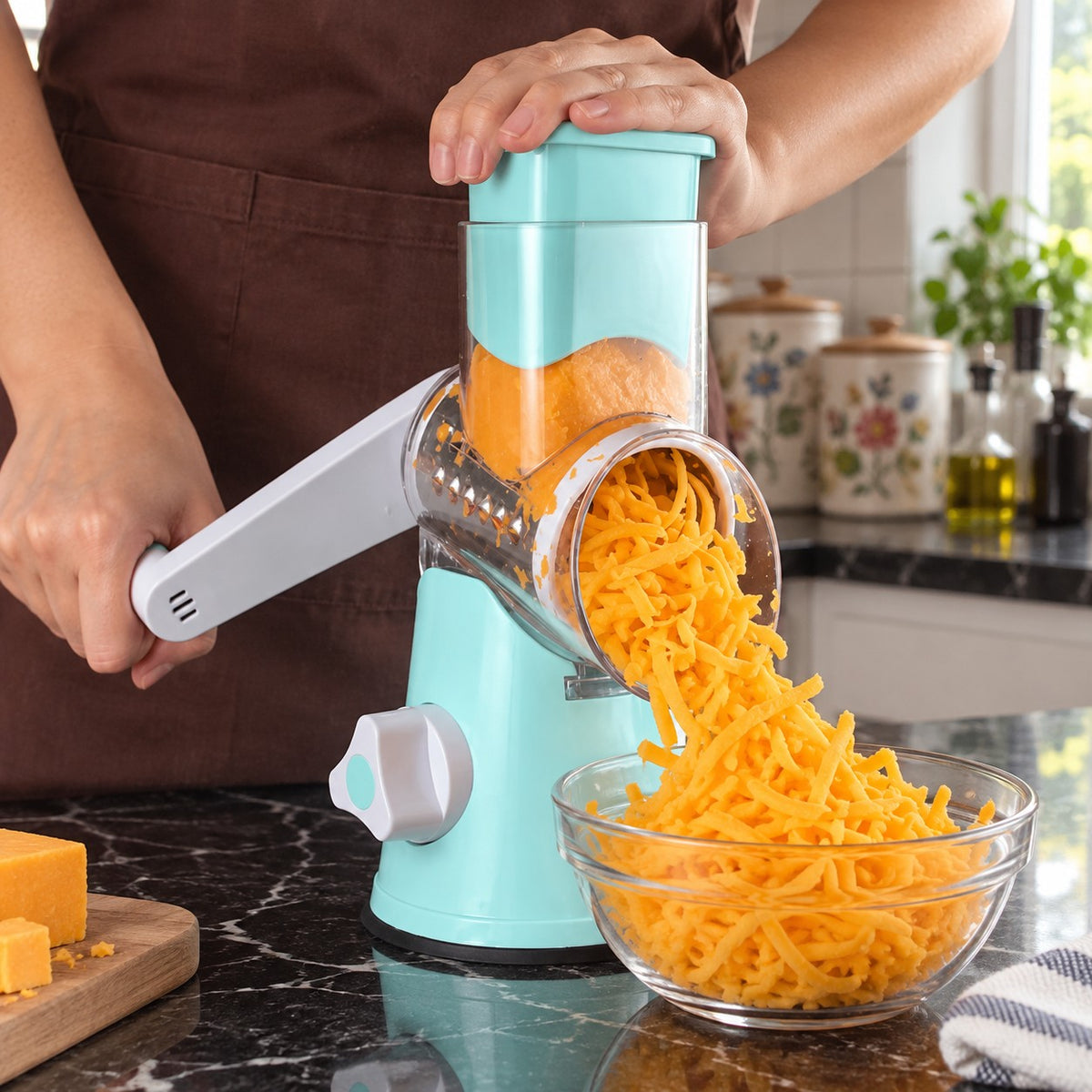 Rotary Drum Vegetable Slicer and Grater in a home kitchen