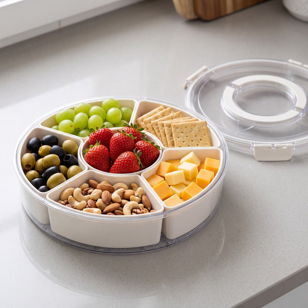 Rotating Divided Snack Serving Tray with Lid and Carry Bag - close-up of the divided compartments and clear lid latch
