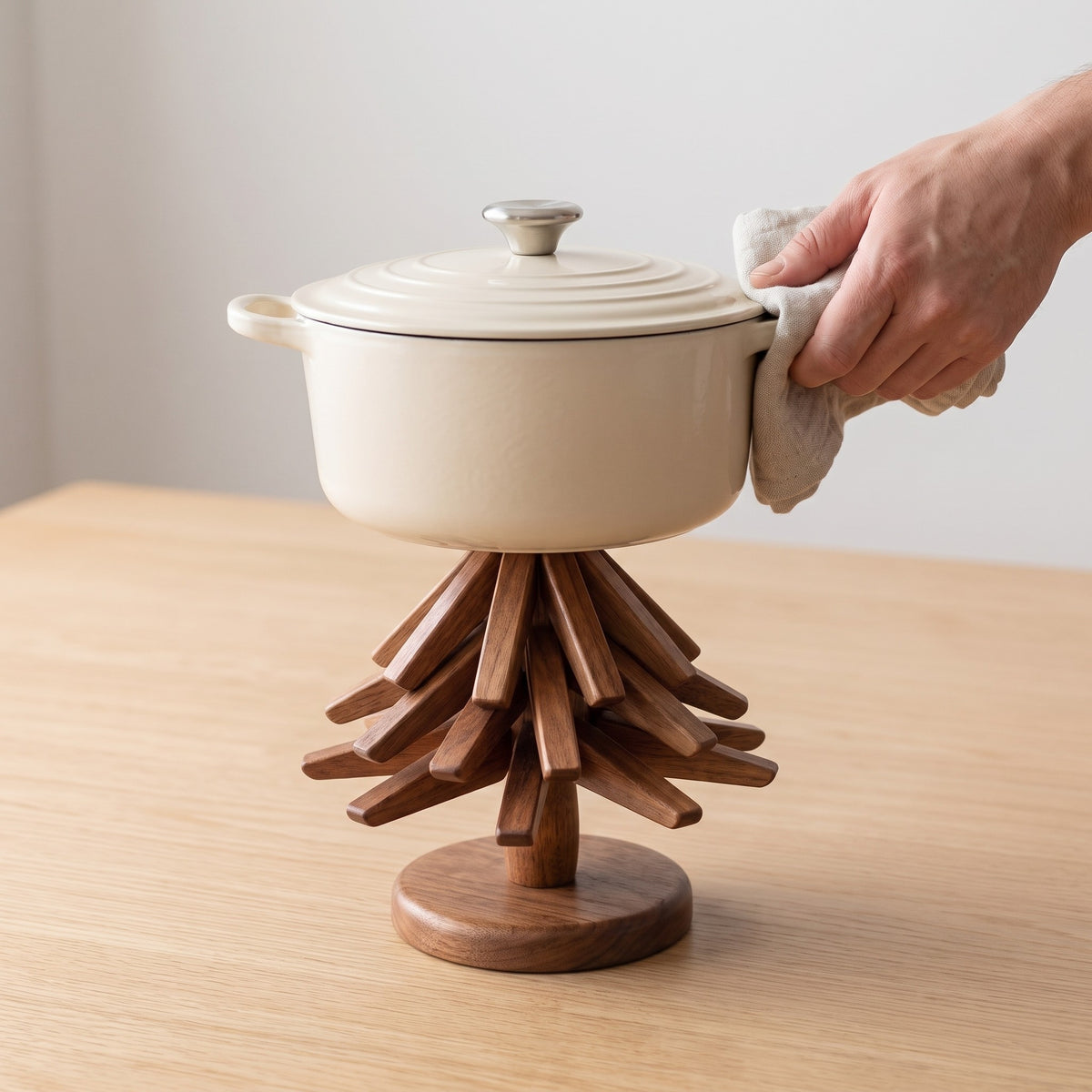 Scandinavian-Style Wooden Tree Trivet with Adjustable Branches in use, holding a casserole pot on its fanned-out branches