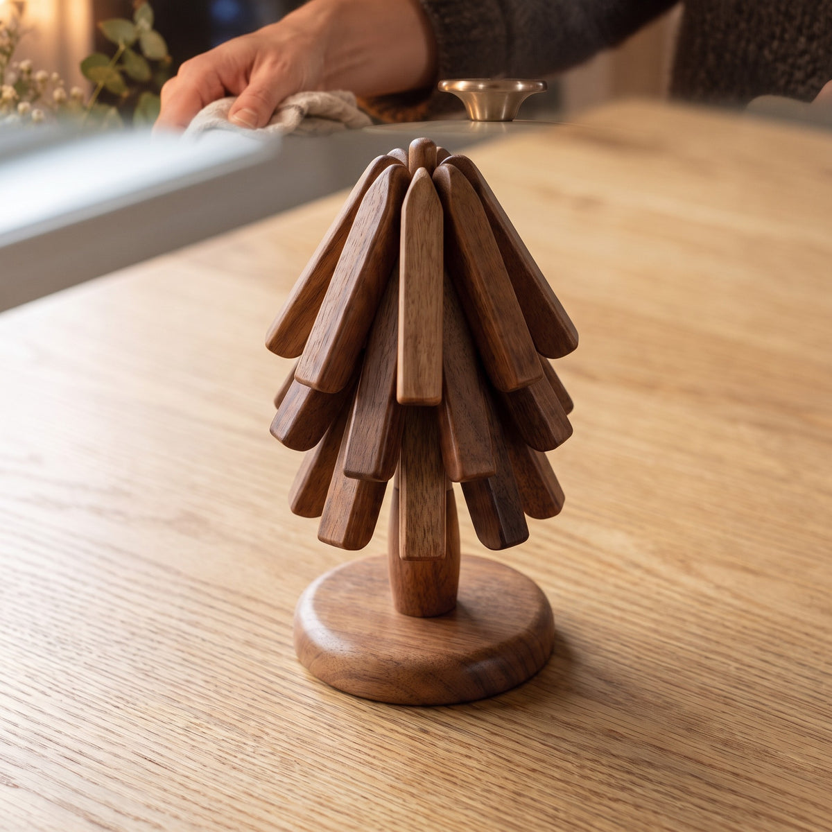 Scandinavian-Style Wooden Tree Trivet with Adjustable Branches - close-up of the natural wood grain on the branches and round base
