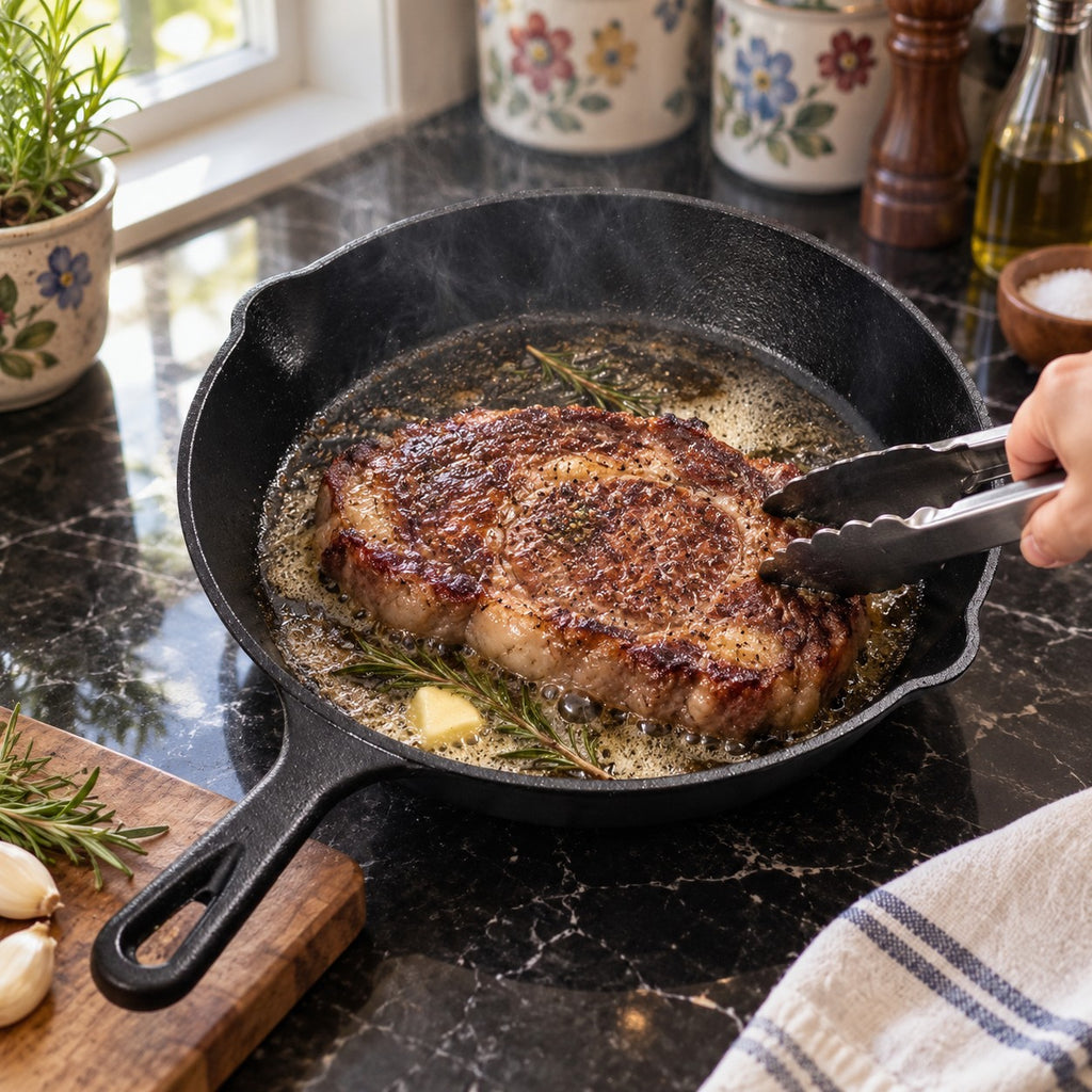 Seasoned Cast Iron Skillet with No Added Coating in a home kitchen
