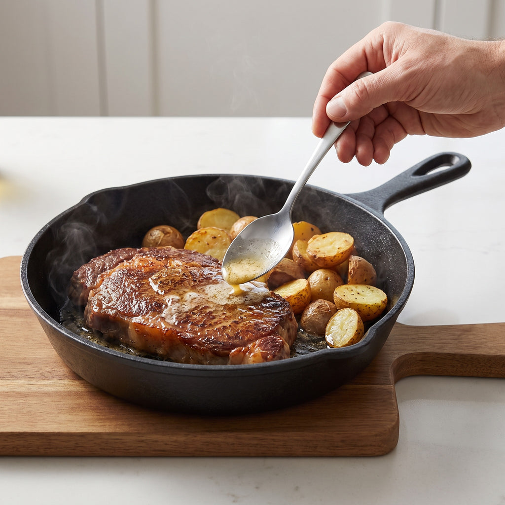 Seasoned Cast Iron Skillet with No Added Coating in use, basting a seared steak with butter on a wooden board