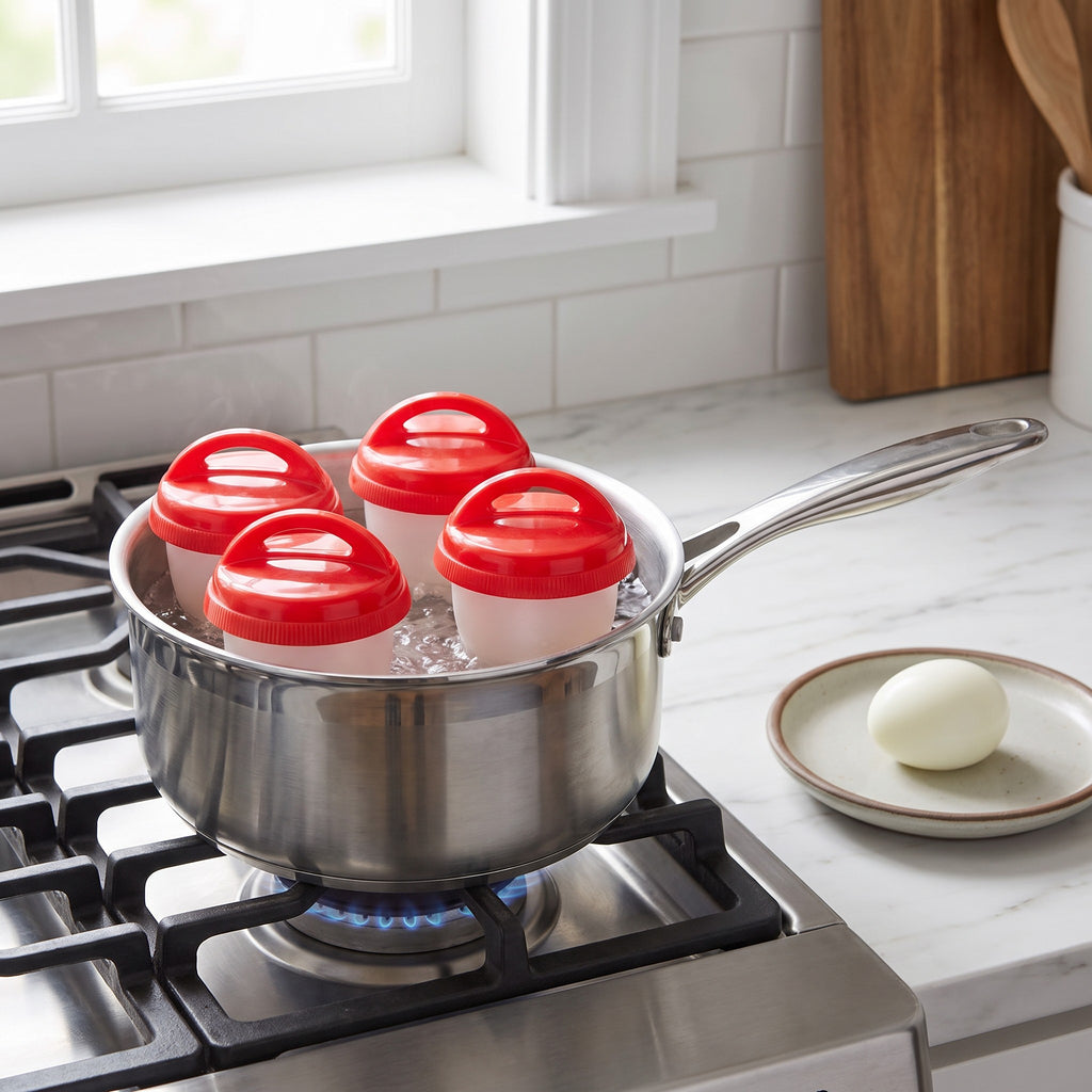 Shell-Free Egg Cooker Cups for Breakfast and Meal Prep in use, cups cooking eggs in boiling water