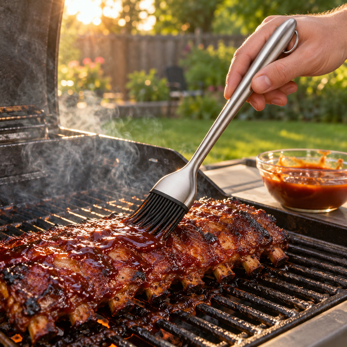 Silicone Basting Brush, basting ribs with barbecue sauce on the grill