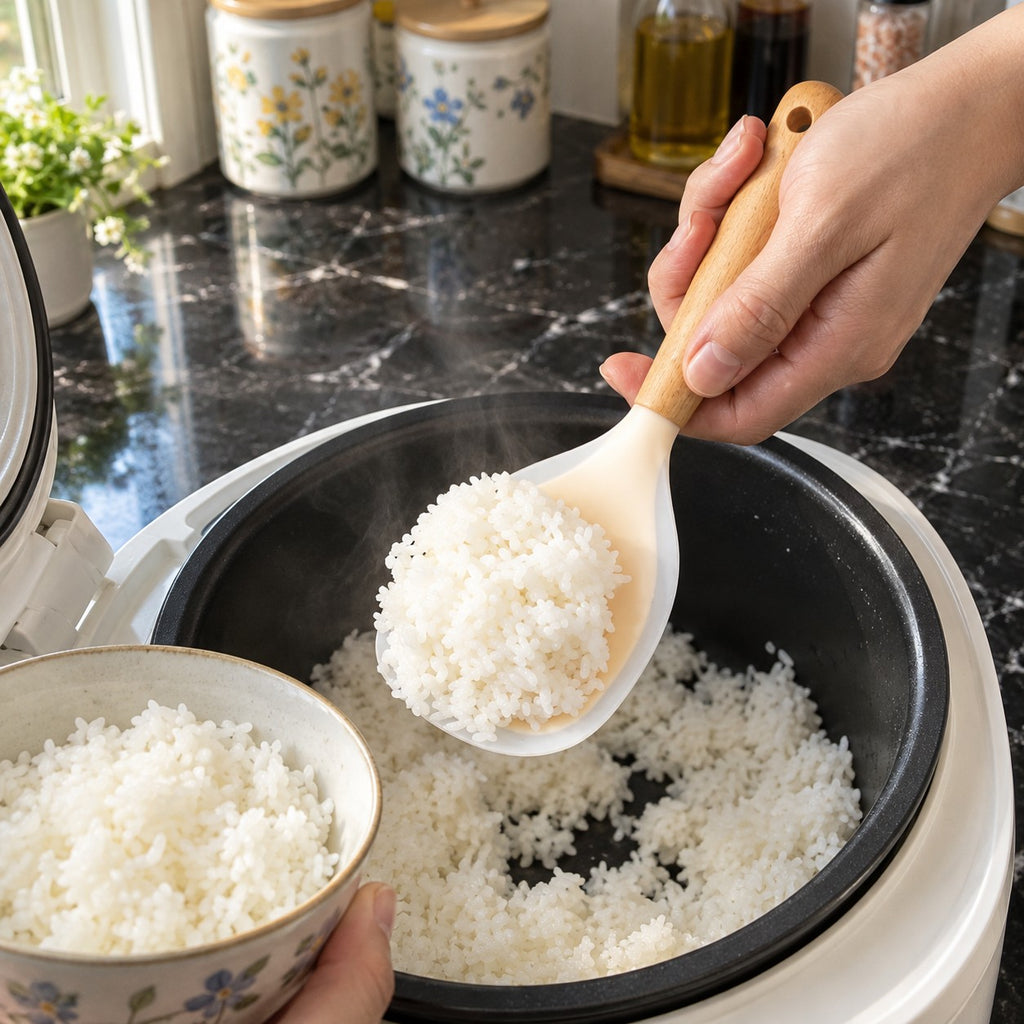 Non-Stick Silicone Rice Paddle with Wood Handle in a home kitchen