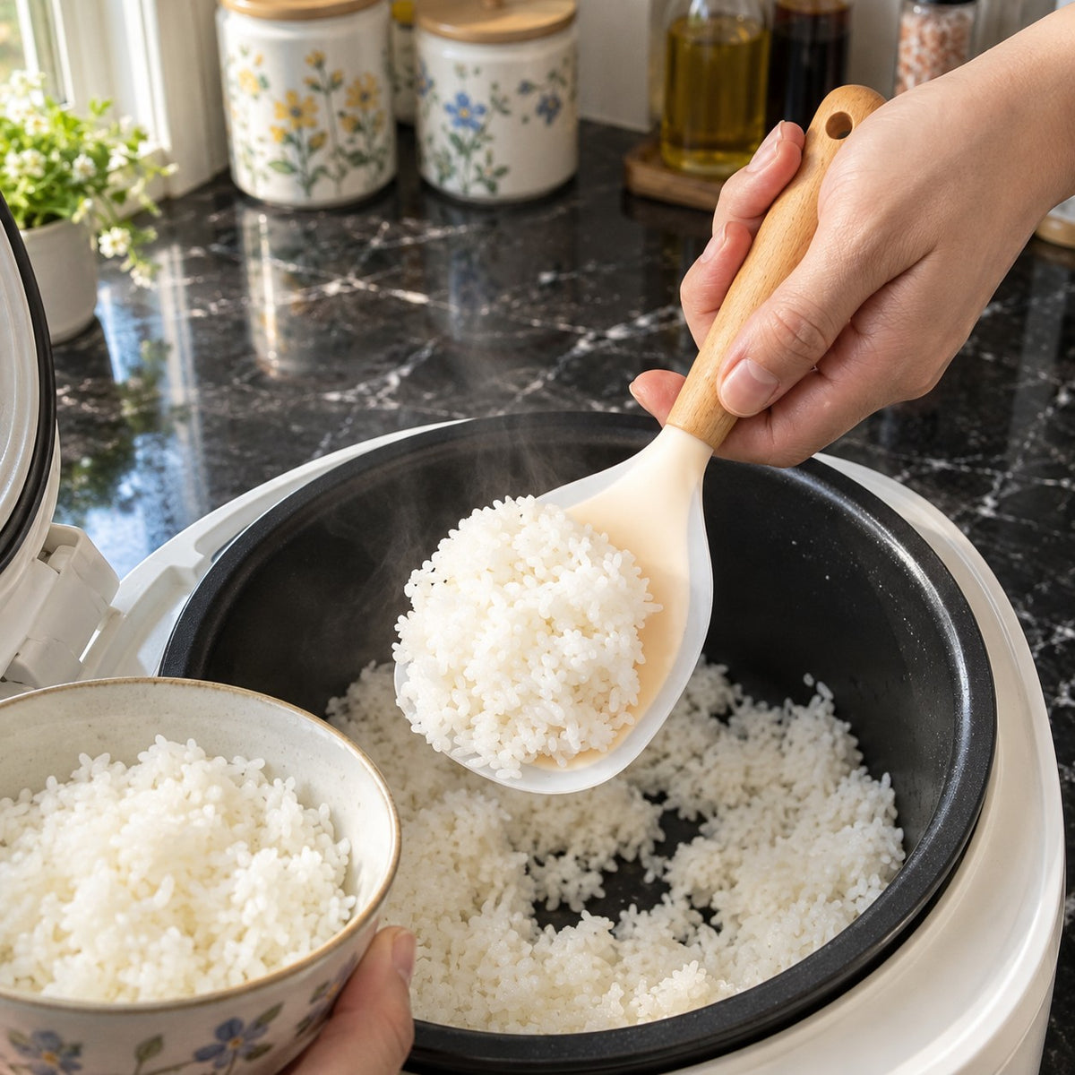 Silicone Rice Paddle with Wood Handle in a home kitchen