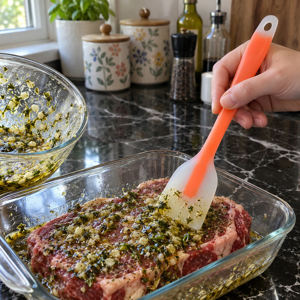 Flexible Silicone Spatula for Mixing and Folding, spreading marinade over steak