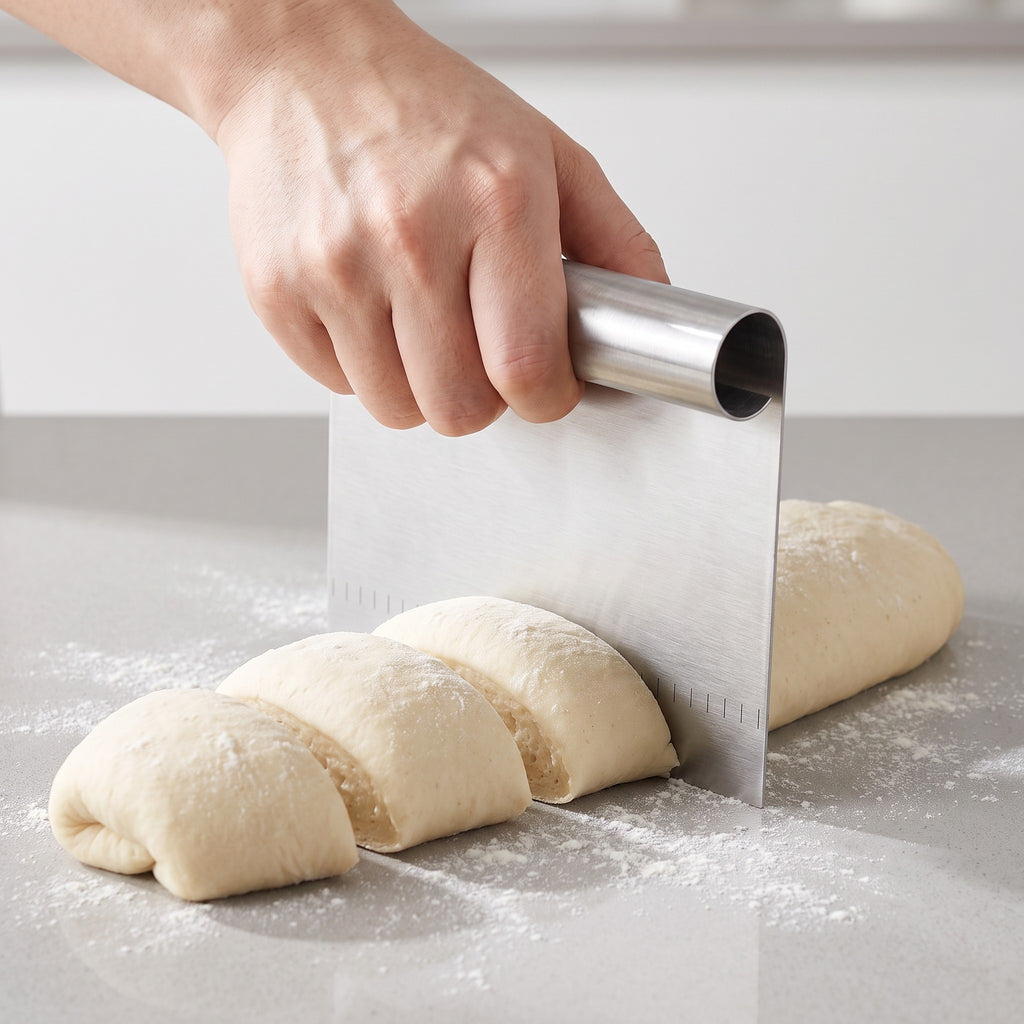 Stainless Steel Bench Scraper with Engraved Measuring Scale in use, dividing bread dough into equal portions
