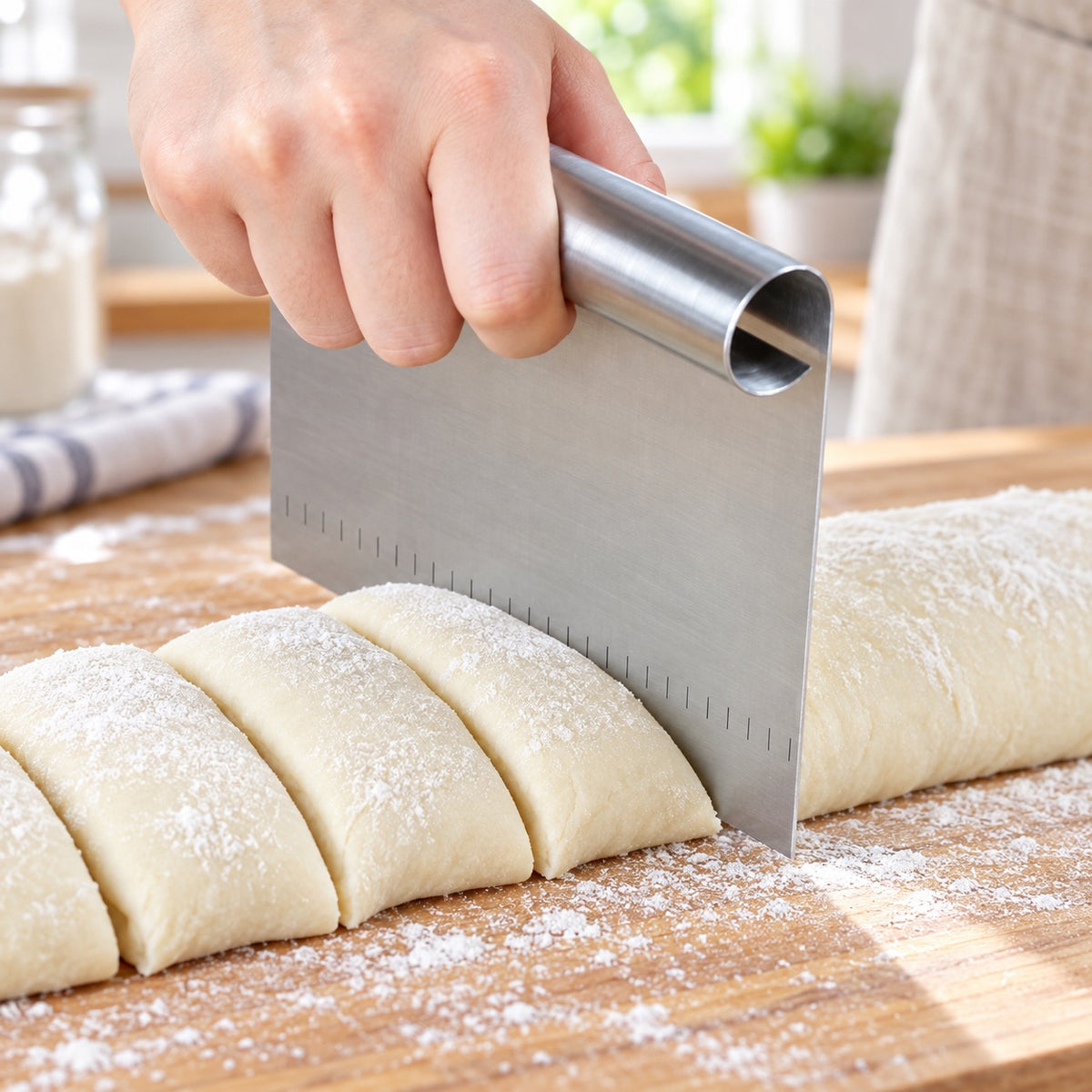 Stainless Steel Bench Scraper with Measuring Scale in a home kitchen