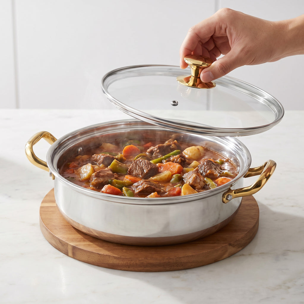 Stainless Steel Casserole Pot with Glass Lid and Flared Rim in use, lifting the lid off a beef stew