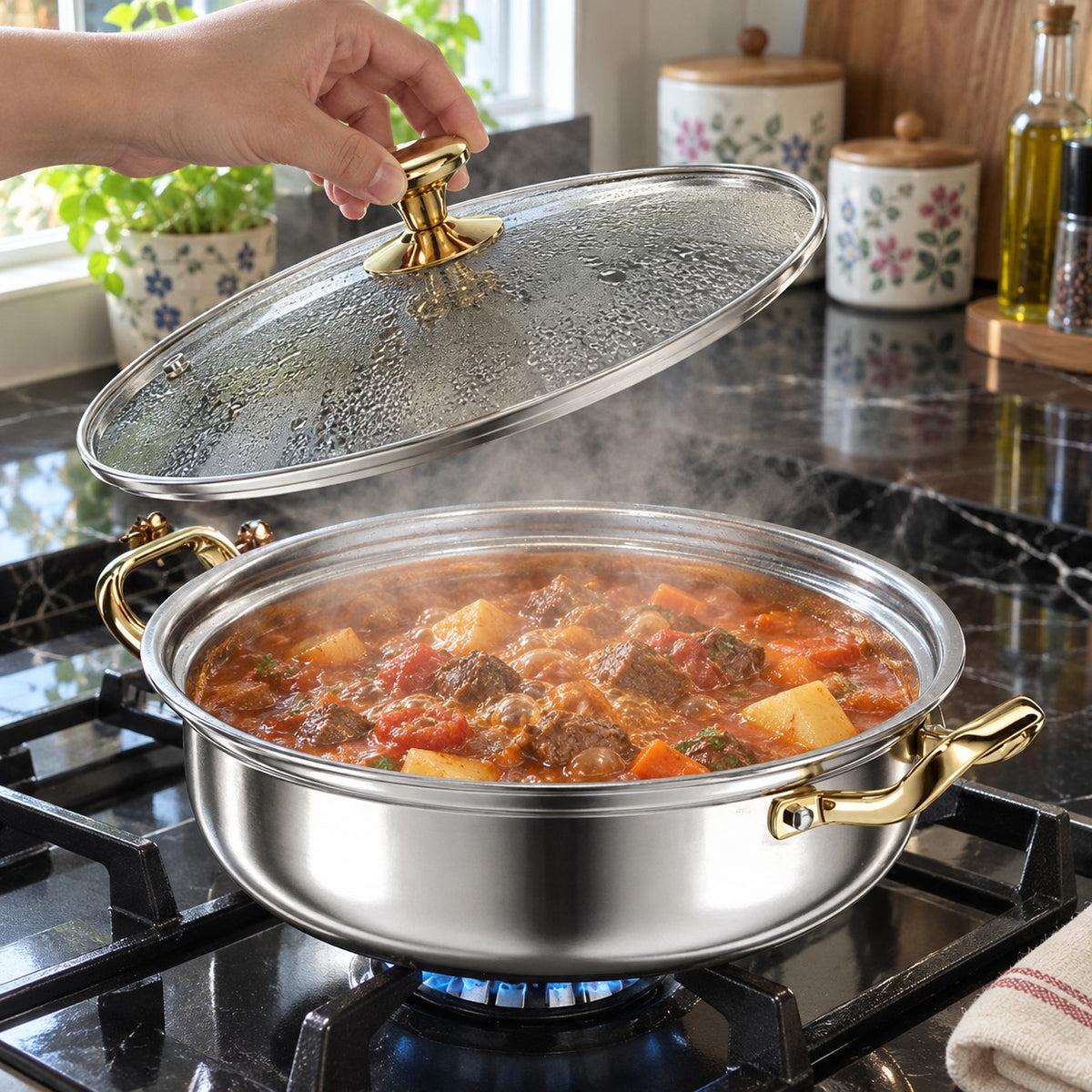 Stainless Steel Casserole Pot with Glass Lid in a home kitchen