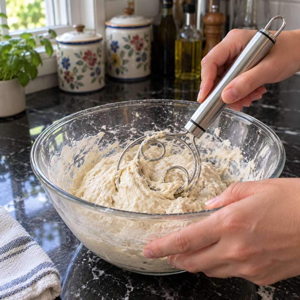 Stainless Steel Dough Whisk in a home kitchen