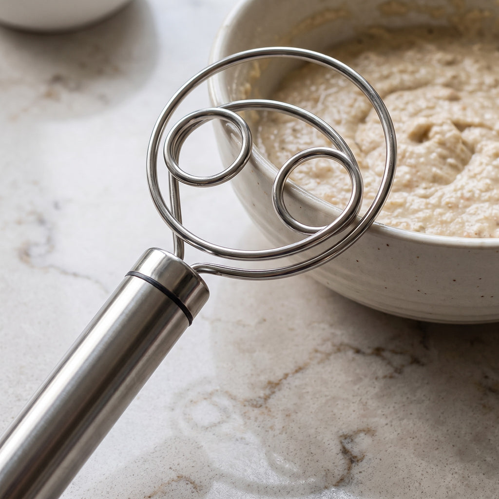 Stainless Steel Dough Whisk with Ergonomic Handle - close-up of the stainless steel coiled wire head