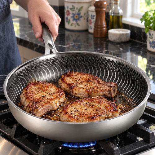 Oven-Safe Induction Stainless Steel Frying Pan in a home kitchen