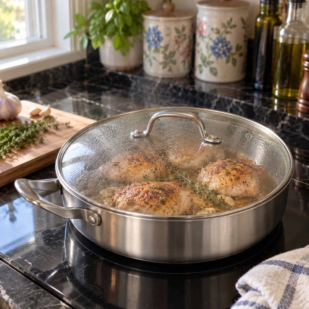 Stainless Steel Frying Pan with Glass Lid in a home kitchen