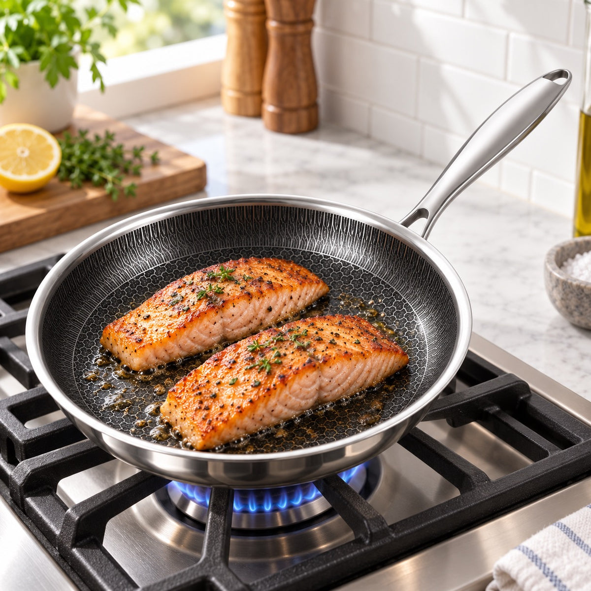 Stainless Steel Honeycomb Non-Stick Frying Pan with Removable Handle in a home kitchen