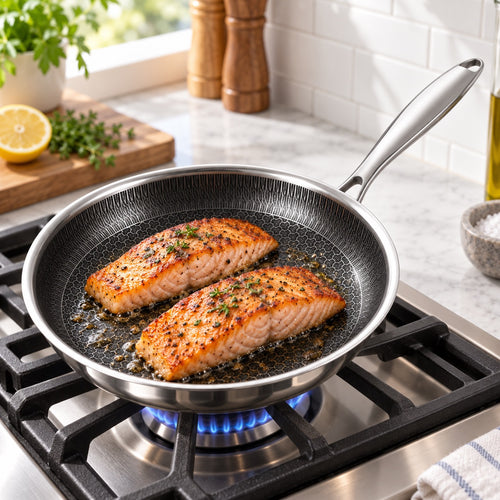Stainless Steel Honeycomb Non-Stick Frying Pan with Removable Handle in a home kitchen