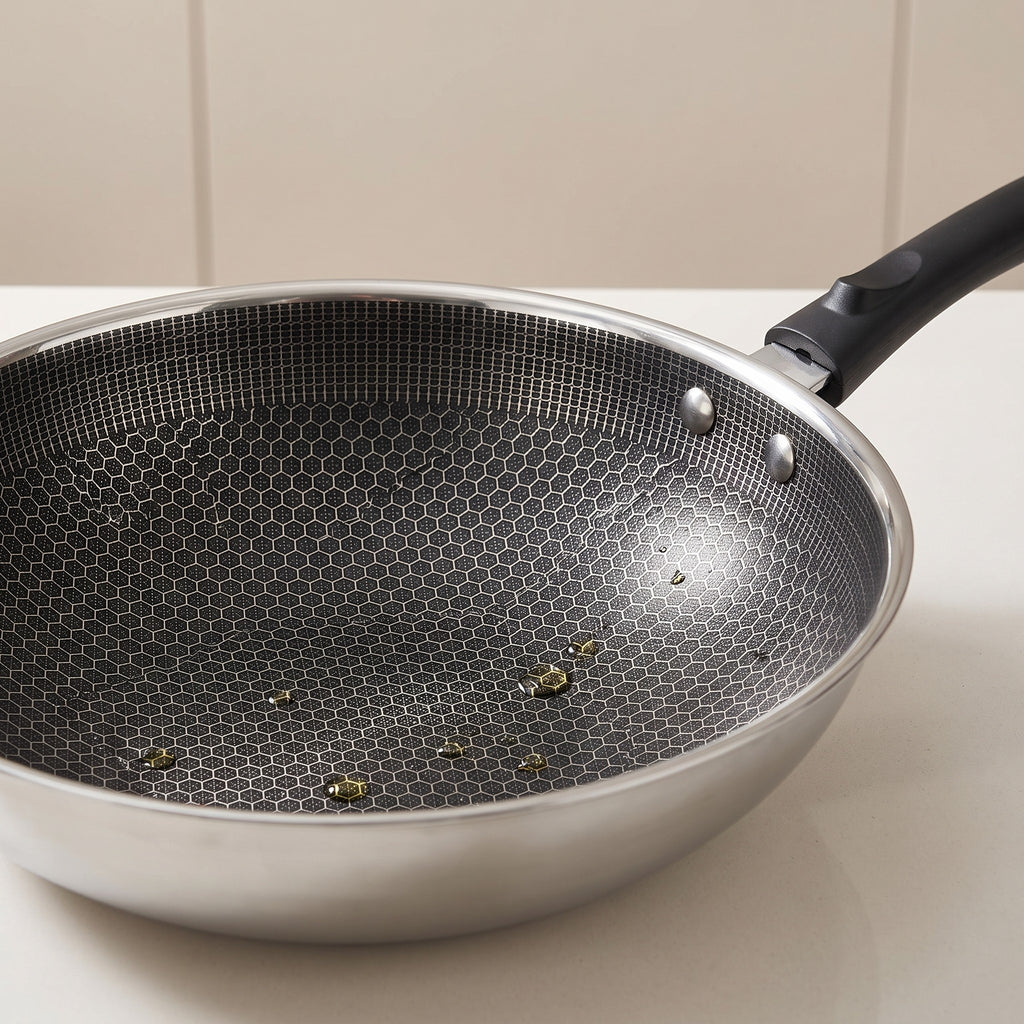 Stainless Steel Honeycomb Wok for Induction and Oven - close-up of the laser-etched honeycomb surface