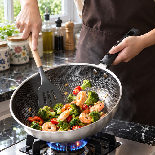Stainless Steel Honeycomb Wok for Induction and Oven in a home kitchen
