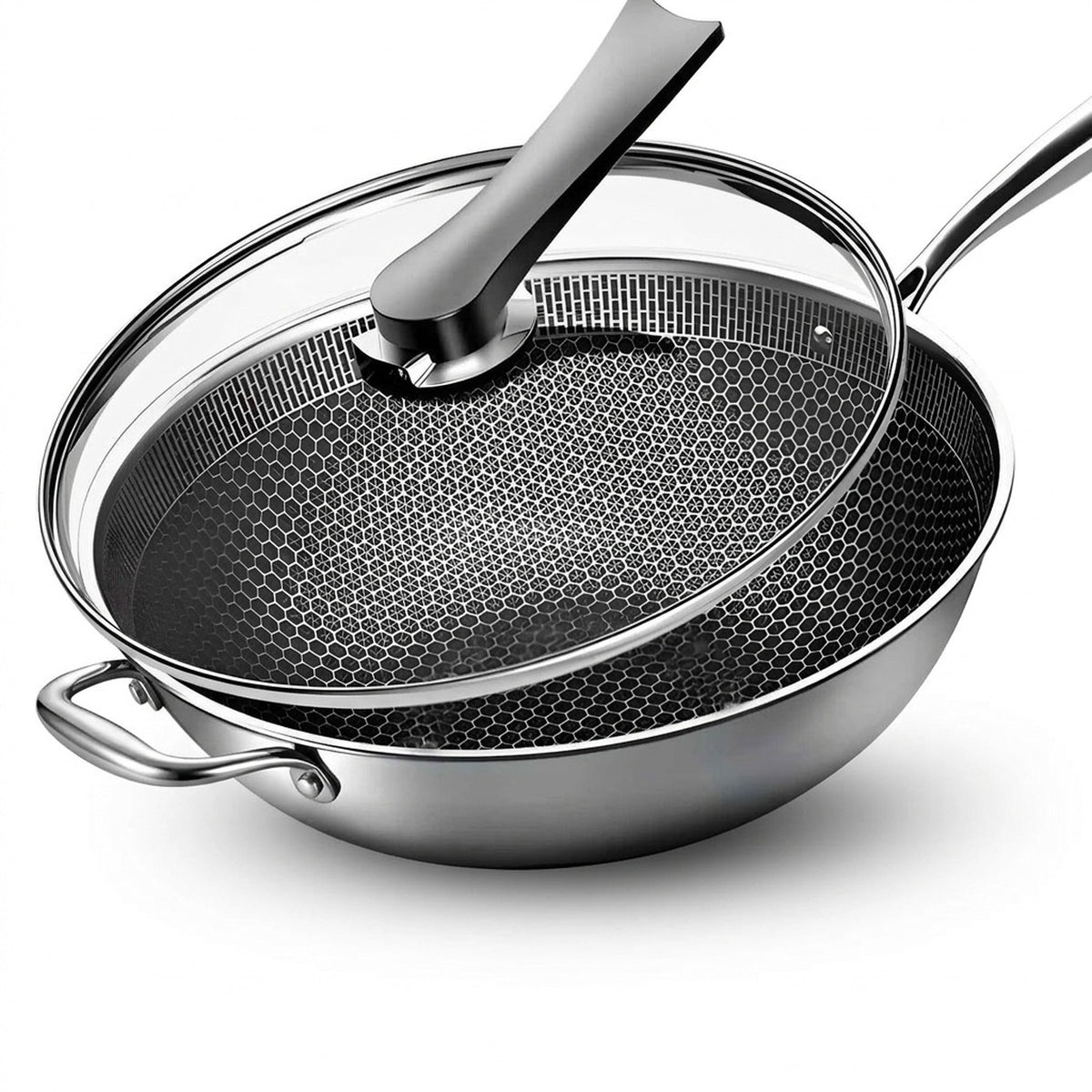 Stainless Steel Honeycomb Wok for Induction and Oven, With Lid