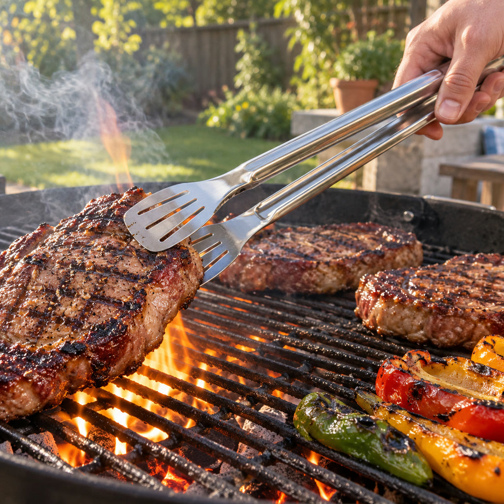 Stainless Steel Kitchen Tongs, flipping a ribeye on the grill