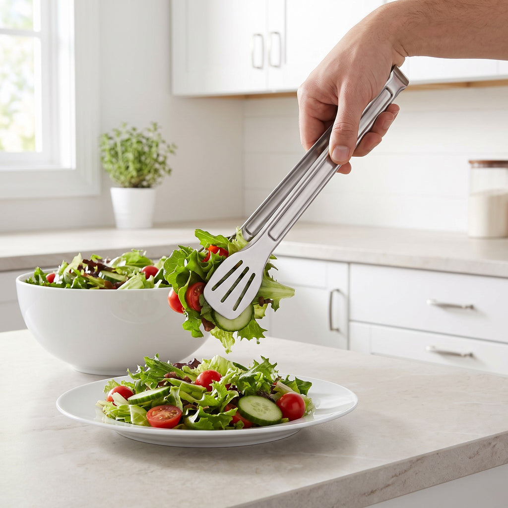 Stainless Steel Kitchen Tongs for Grilling and Serving in use, serving salad at a kitchen island