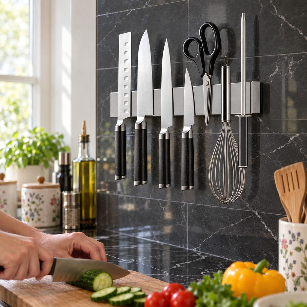 Stainless Steel Magnetic Knife Rack in a home kitchen