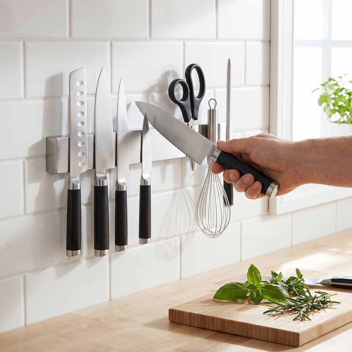 Stainless Steel Magnetic Knife Rack with No-Drill Adhesive Strips in use, placing a chef knife on the rack above a kitchen counter