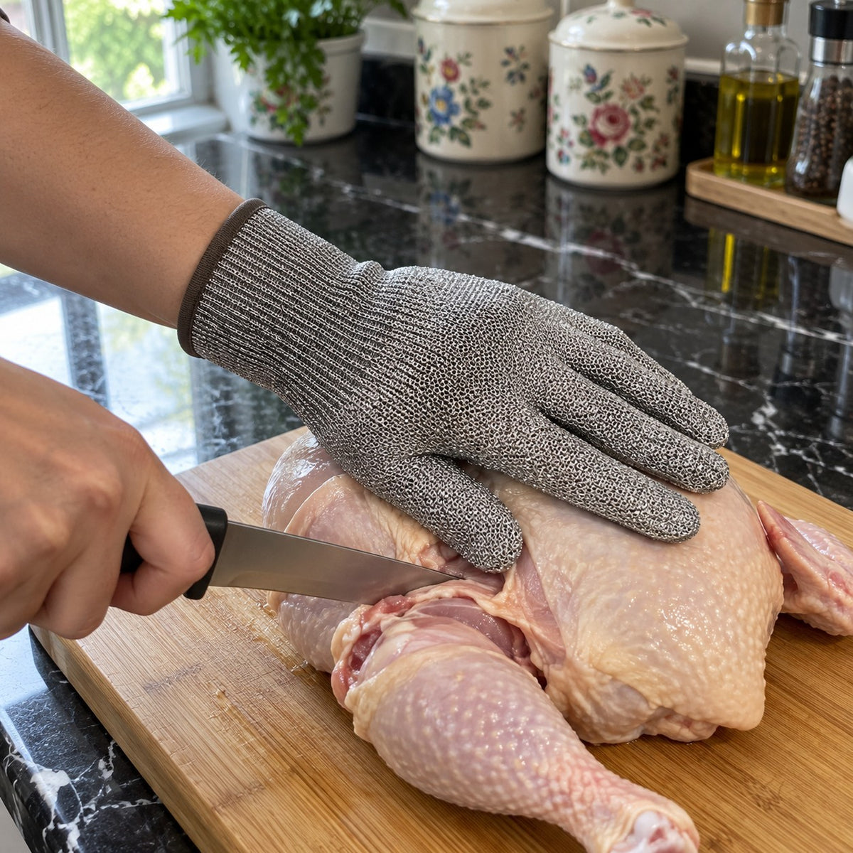 Stainless Steel Mesh Cut-Resistant Glove in a home kitchen