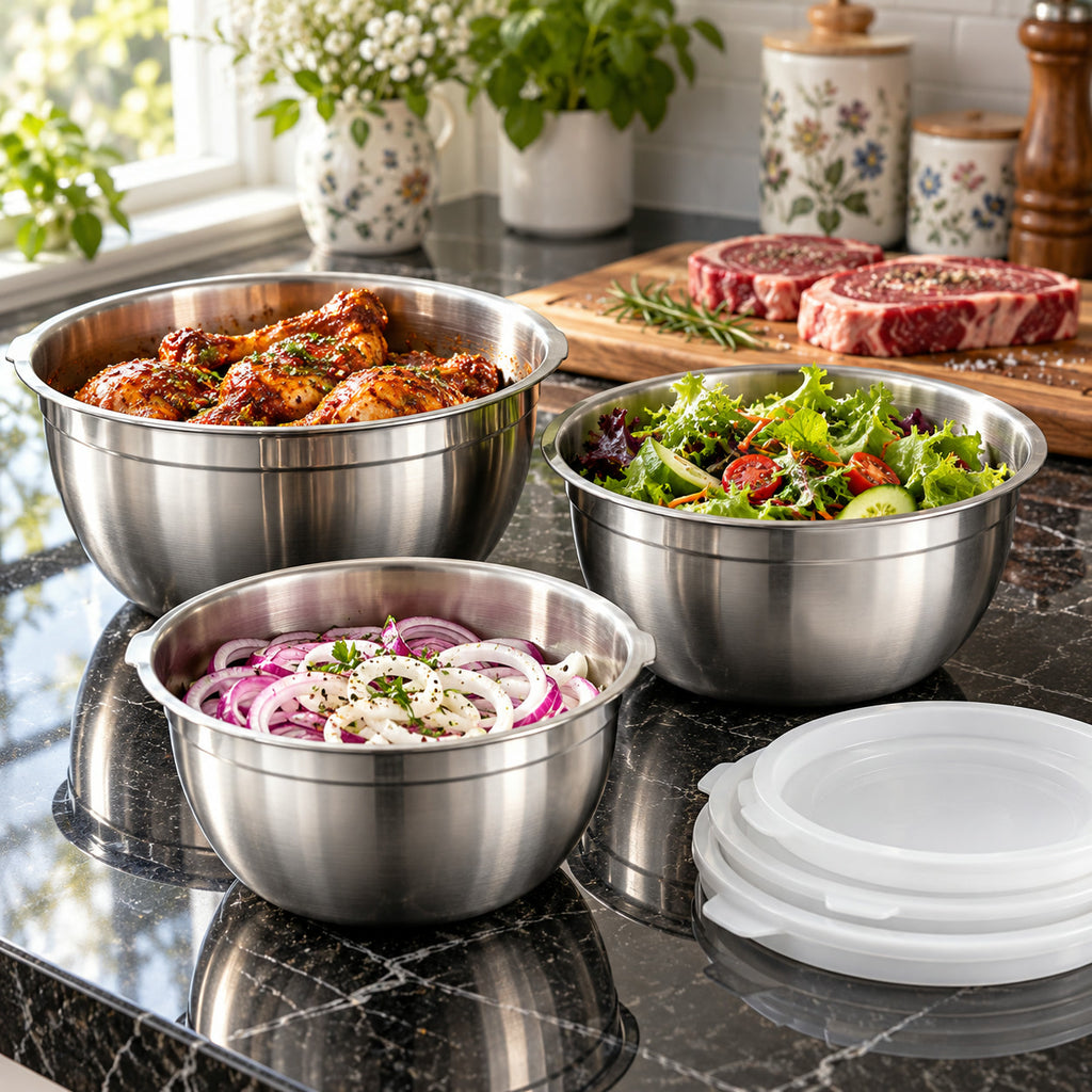 Lightweight 18/8 Stainless Steel Mixing Bowls, with marinated chicken, salad and onions