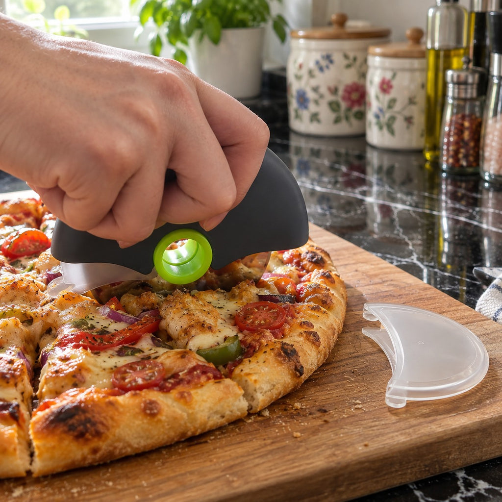 Stainless Steel Pizza Cutter Wheel with Cover in a home kitchen
