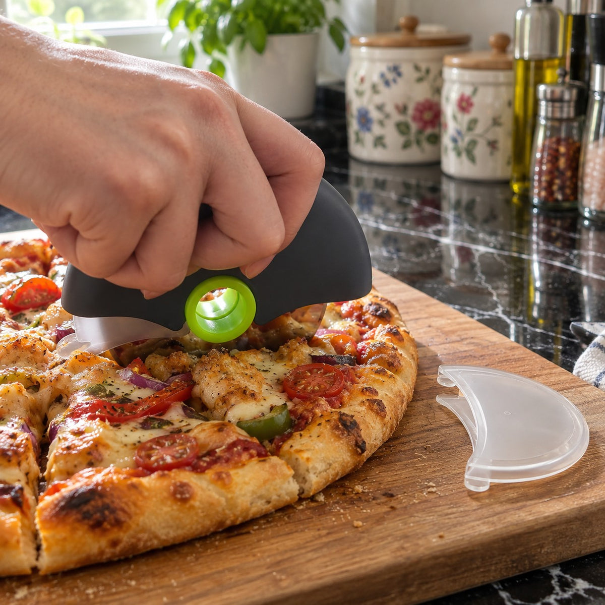 Stainless Steel Pizza Cutter Wheel with Cover in a home kitchen
