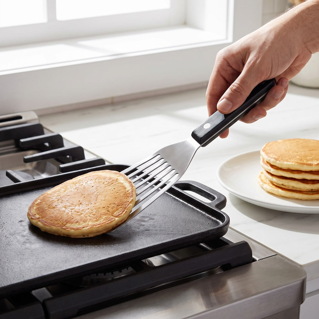 Stainless Steel Spatula Turner for Griddle and Grill in use, flipping a pancake on a cast iron griddle
