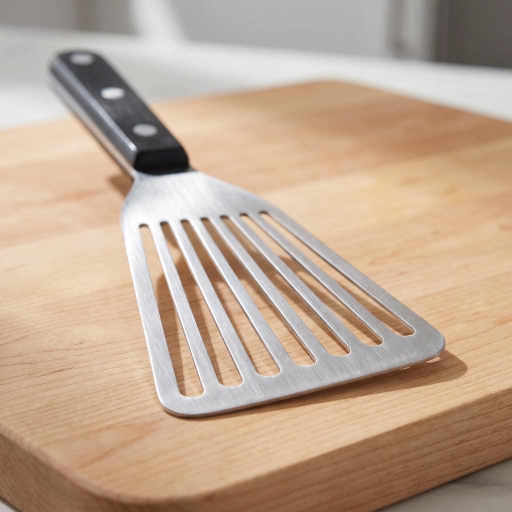 Stainless Steel Spatula Turner for Griddle and Grill - close-up of the thin slotted stainless steel blade edge