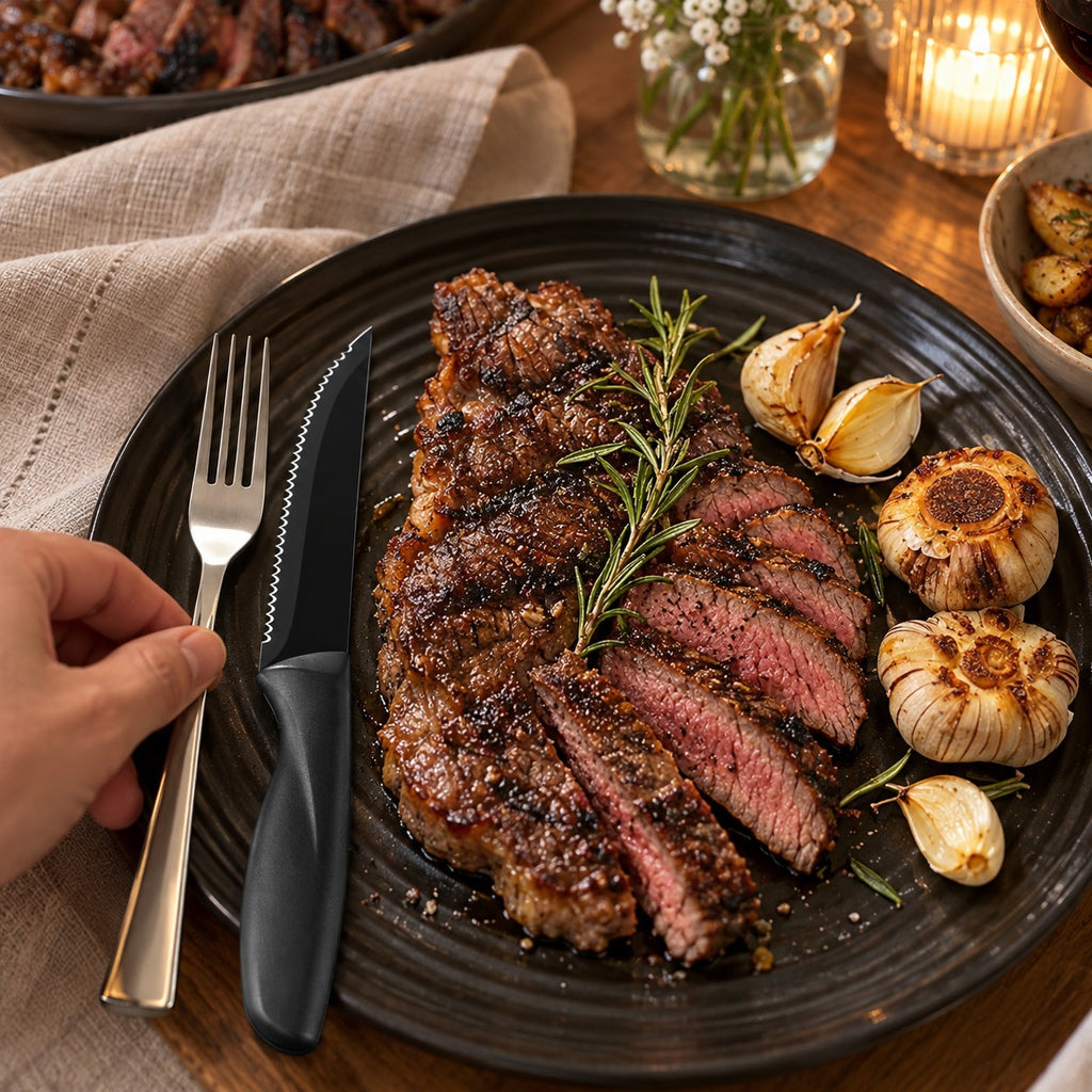 Stainless Steel Steak Knife Set with Scratch-Resistant Blades in a home kitchen