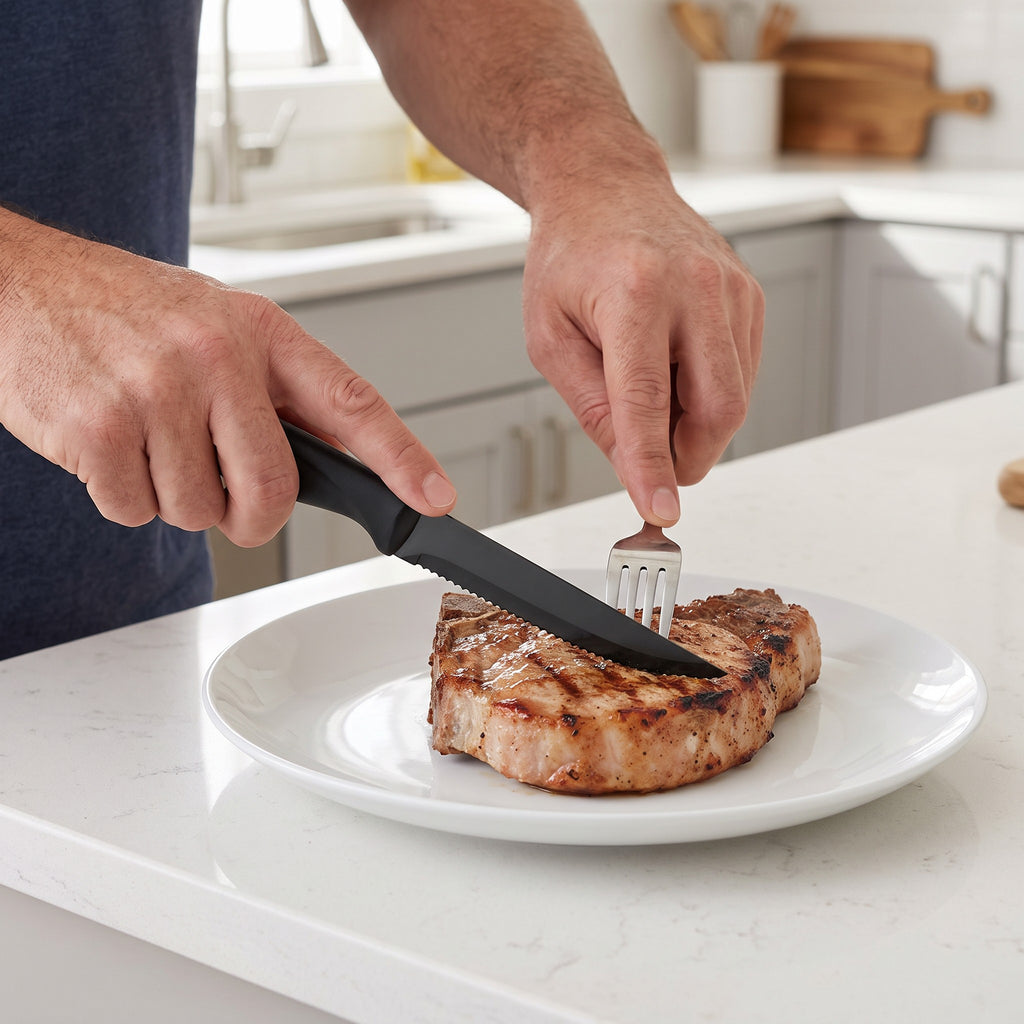 Stainless Steel Steak Knife Set with Scratch-Resistant Blades in use, cutting a grilled pork chop on a white plate