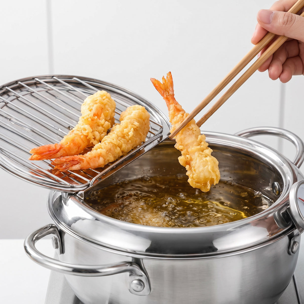Stainless Steel Tempura Fryer Pot with Thermometer and Drain Rack in use, lifting tempura shrimp onto the drain rack