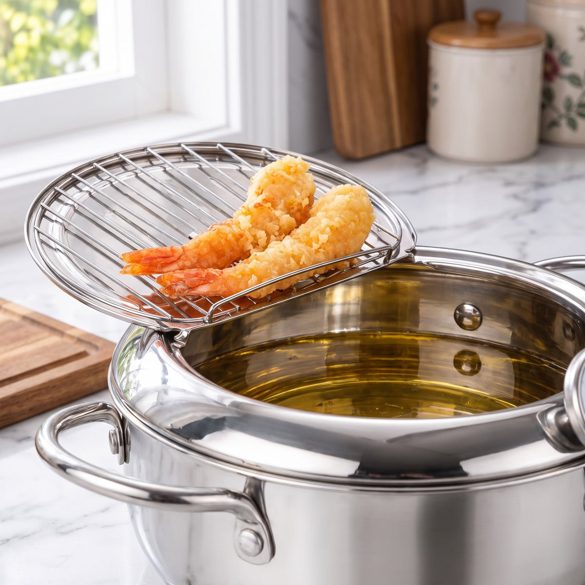 Stainless Steel Tempura Fryer Pot with Thermometer and Drain Rack - close-up of the stainless steel wire drain rack with shrimp tempura draining