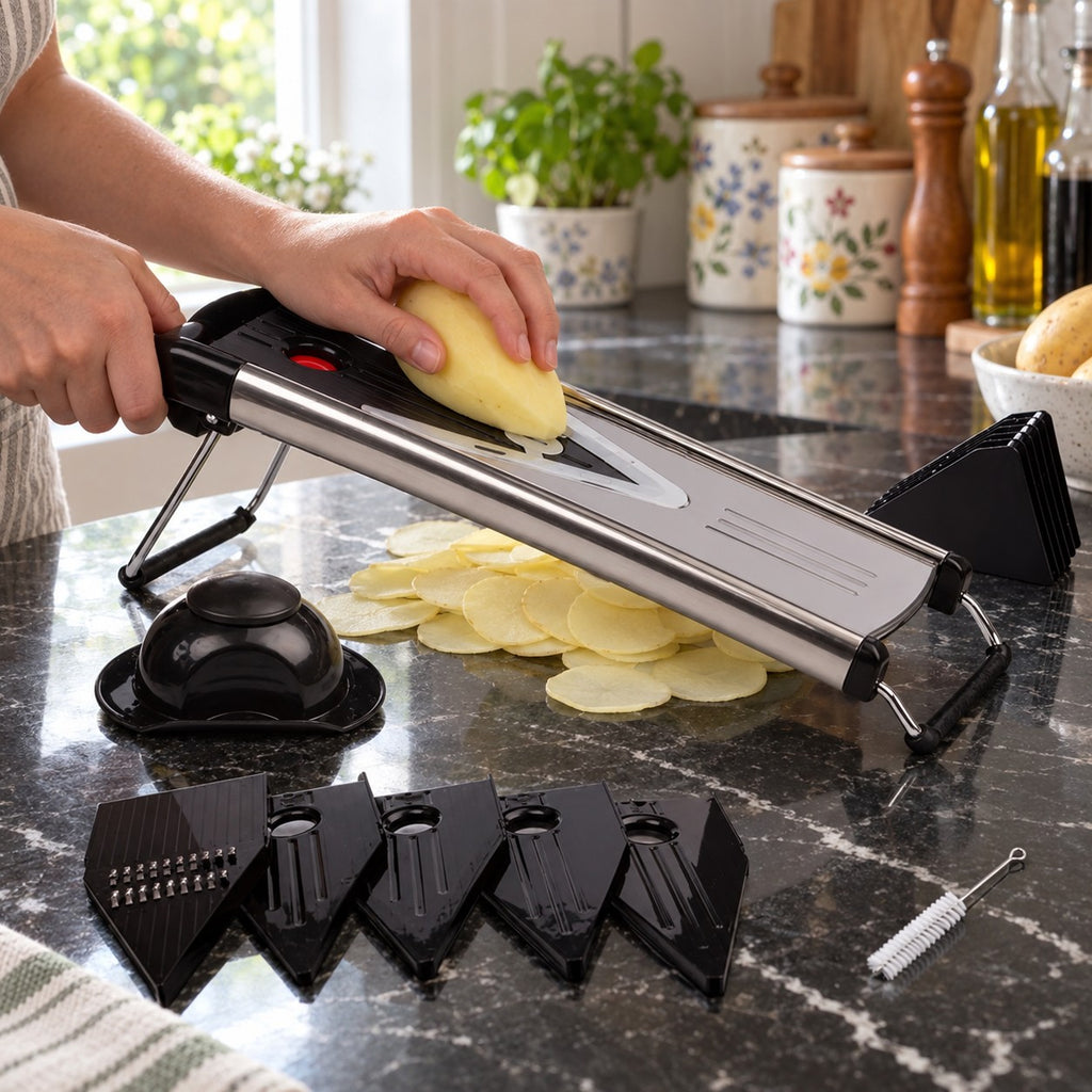 Stainless Steel V-Blade Mandoline, 6 Blades in a home kitchen