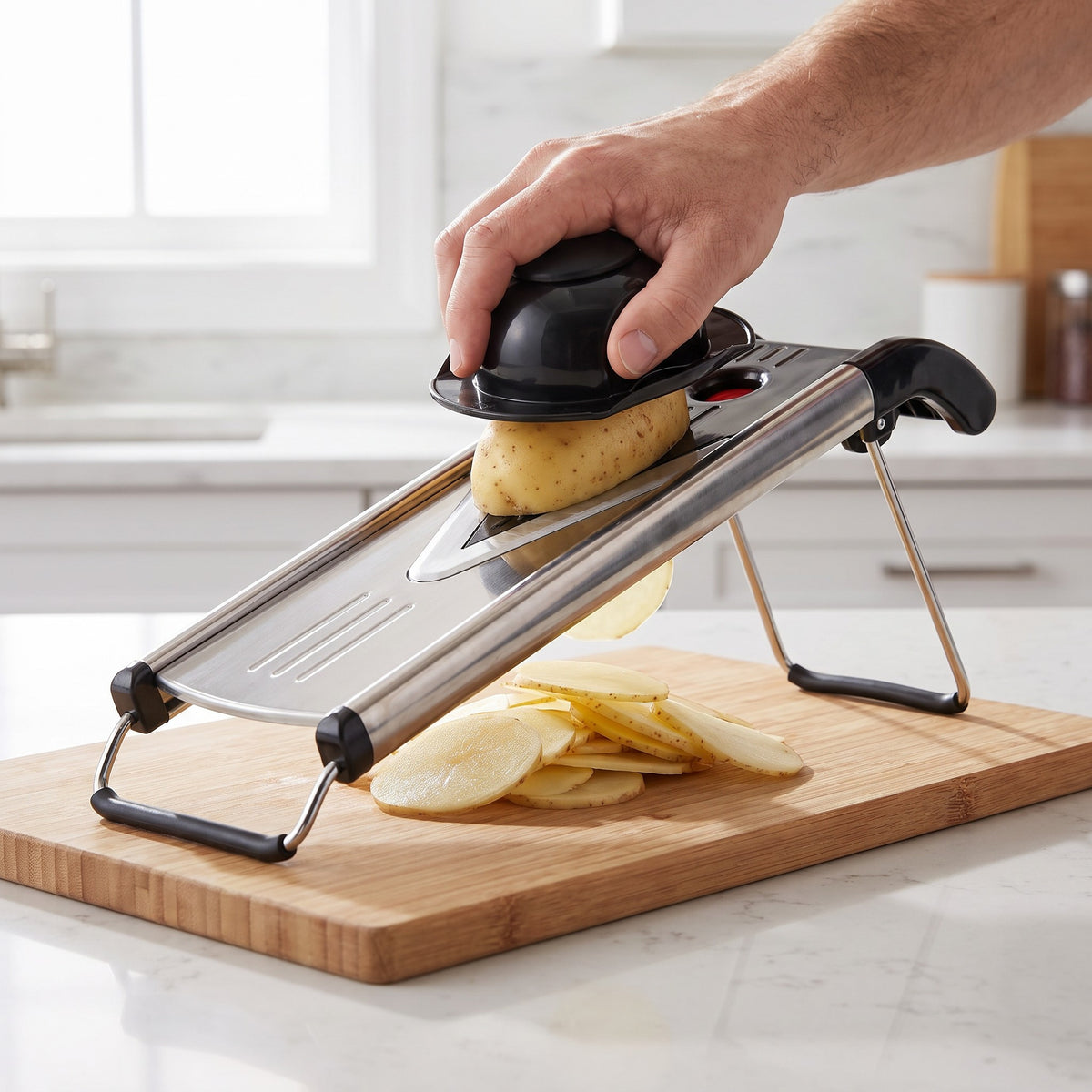 Stainless Steel V-Blade Mandoline Slicer with 6 Blades in use, slicing a potato with the safety pusher
