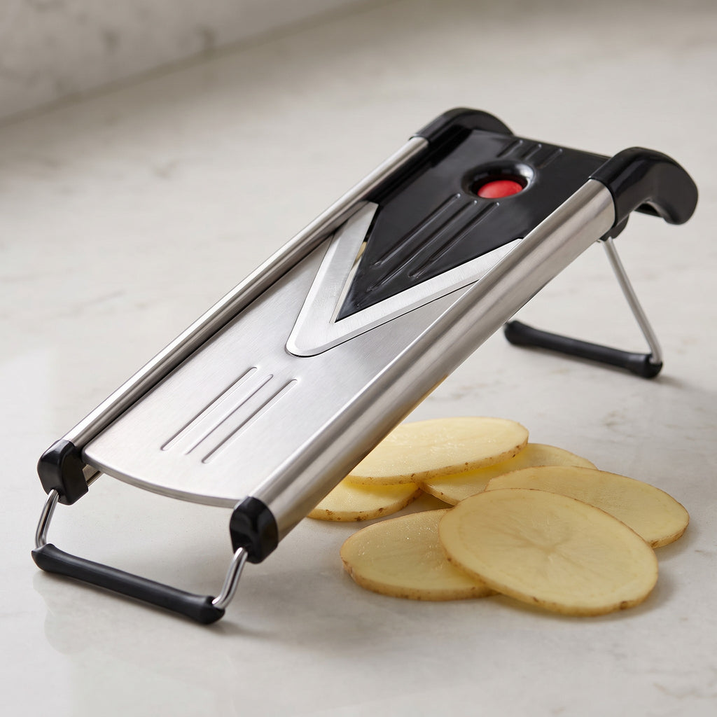 Stainless Steel V-Blade Mandoline Slicer with 6 Blades - close-up of the stainless steel runway and V-shaped blade