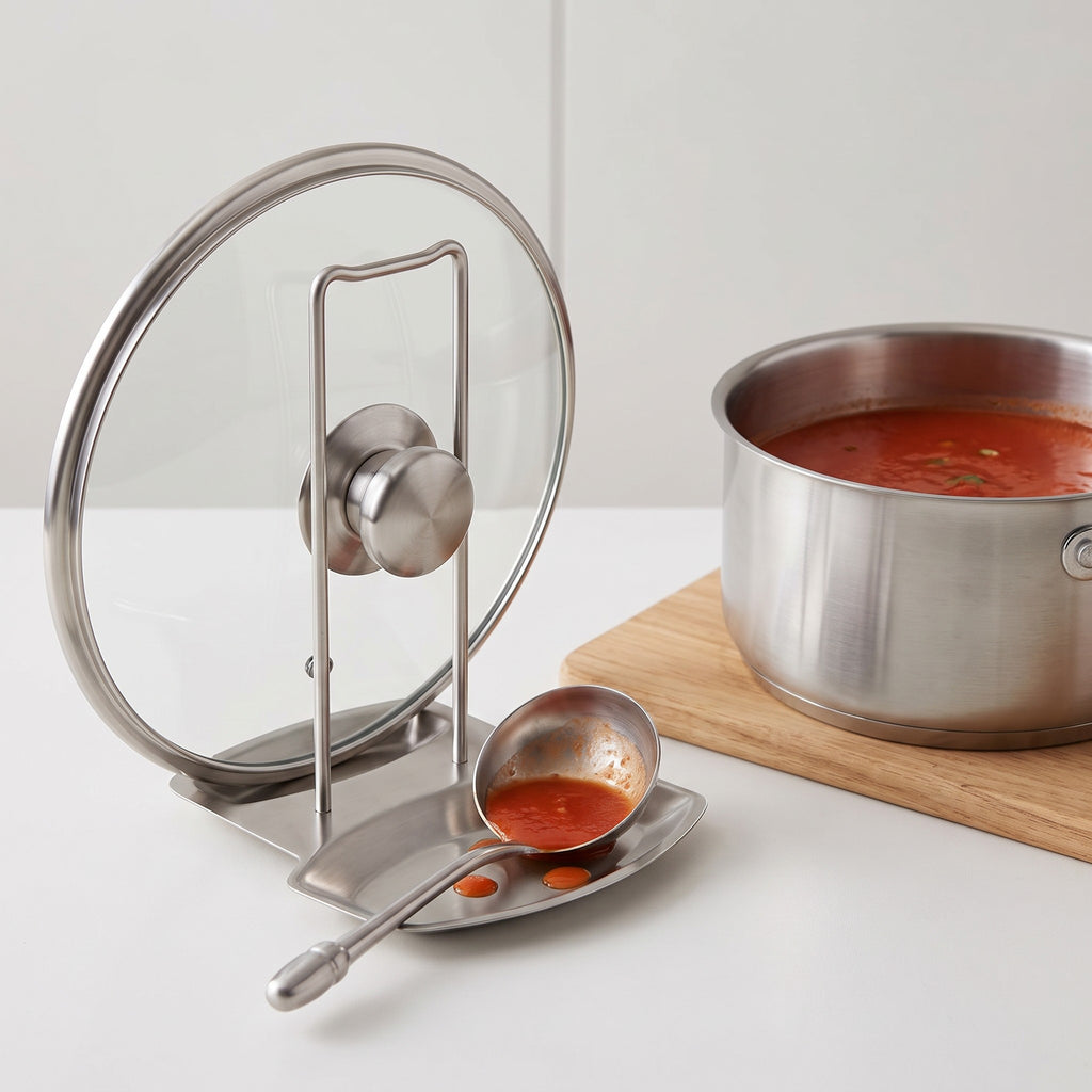 Stainless Steel Vertical Spoon Rest and Lid Holder in use, holding a pot lid and a ladle beside a pot of soup