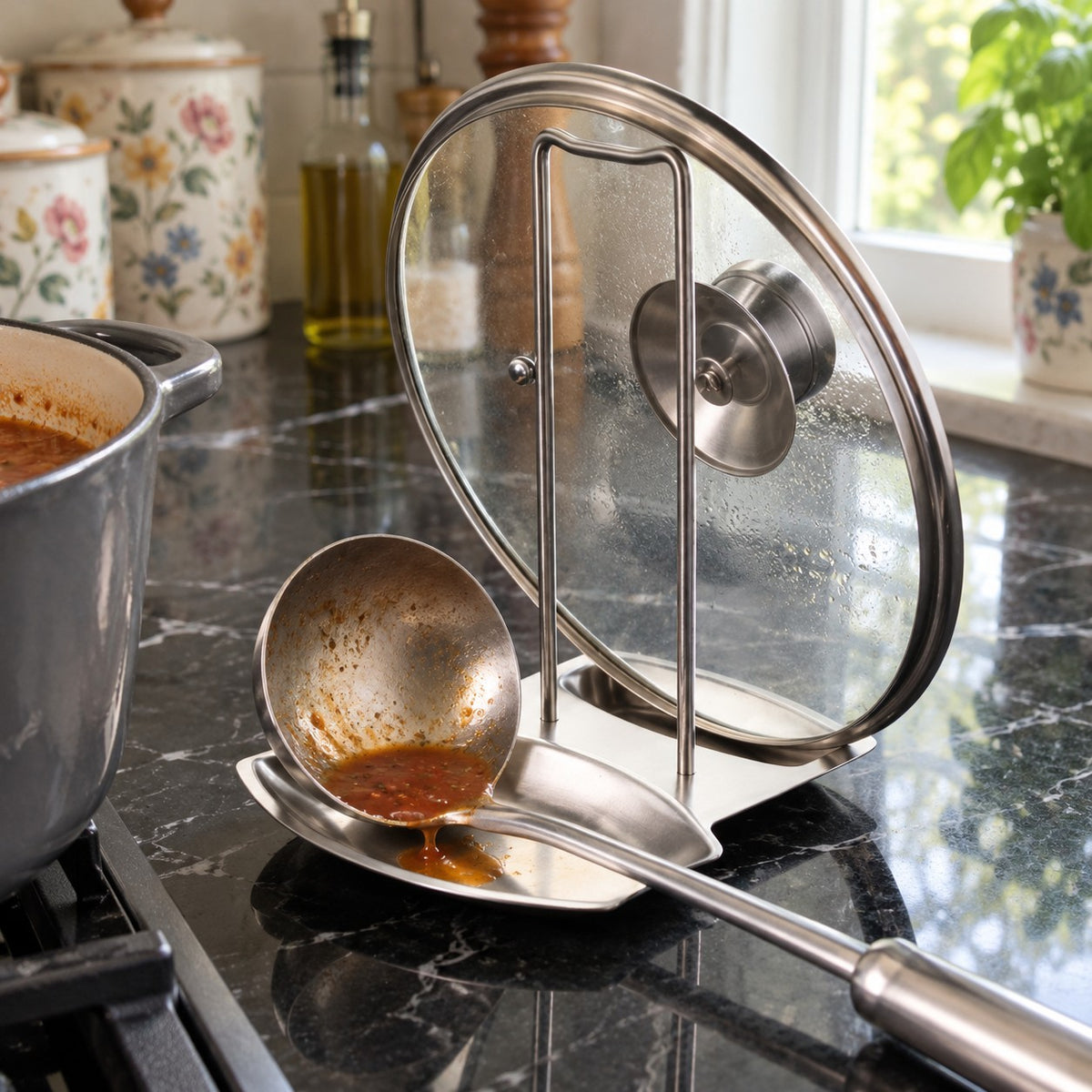 Stainless Steel Vertical Spoon Rest in a home kitchen