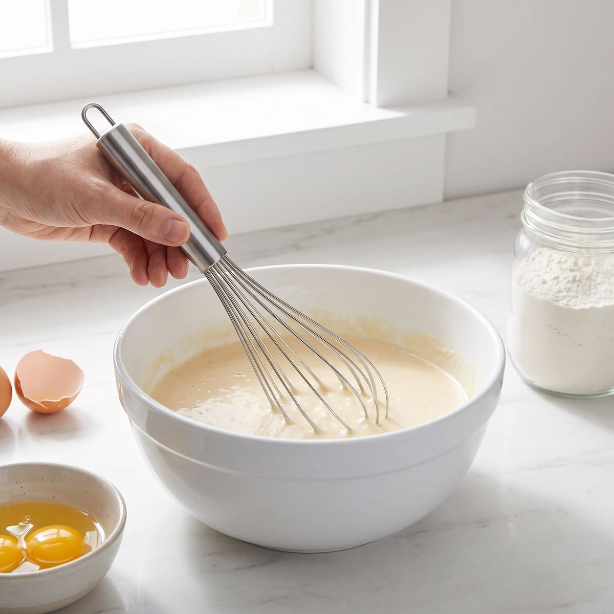 Stainless Steel Whisk for Eggs and Batter in use, whisking pancake batter in a white bowl