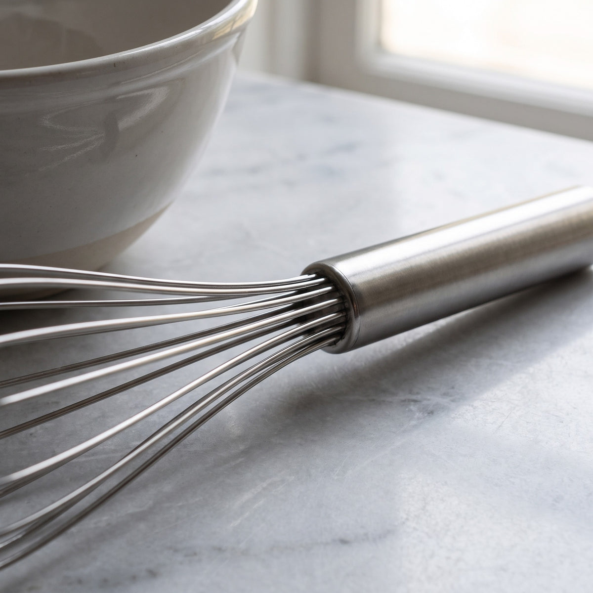 Stainless Steel Whisk for Eggs and Batter - close-up of the stainless steel wire loops and brushed handle