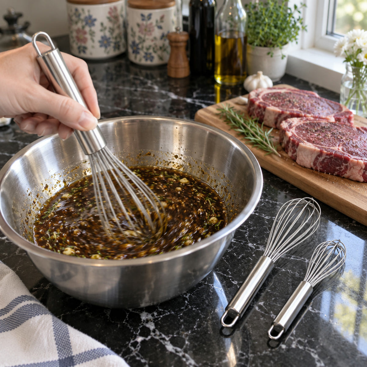 Stainless Steel Whisk, whisking a marinade beside raw steaks