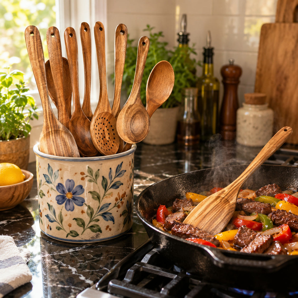 Teak Wood Utensil Set (7 Pieces), in a crock beside a skillet of steak strips
