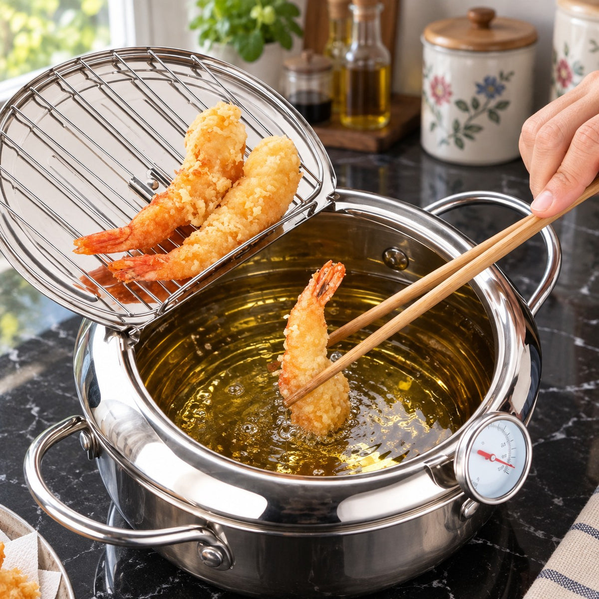 Stainless Steel Tempura Fryer Pot with Thermometer and Drain Rack in a home kitchen